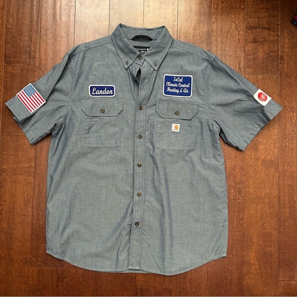Carhartt Men's “Loose Fit” Blue Work Shirt, Lots of Patches, Size Large